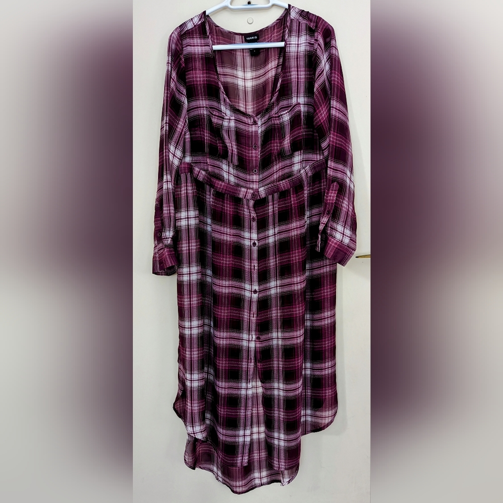 Torrid Burgundy Plaid Sheer Chiffon Babydoll Duster Maxi Hi Lo Blouse
